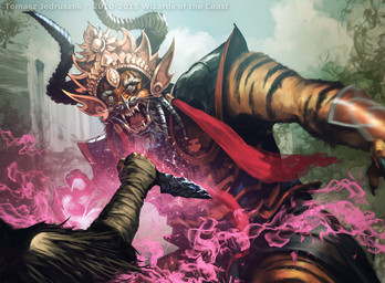 ambiguous_gender anthro claws cliff dagger disembodied_hand duo front_view headgear holding_object holding_weapon horn looking_at_viewer melee_weapon sharp_teeth silex smoke snarling solo_focus teeth weapon whiskers tomasz_jedruszek hasbro magic:_the_gathering wizards_of_the_coast demon felid mammal rakshasa_(magic:_the_gathering) official_art