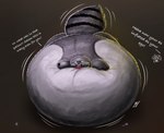2024 air_inflation anthro belly belly_expansion belly_inflation big_belly black_nose brown_background cheek_bulge cheek_expansion clothing colored detailed dialogue digital_media_(artwork) digital_painting_(artwork) english_text expansion grey_body grey_ears grey_inner_ear grey_tail hat headgear headwear hi_res huge_belly huge_cheeks hyper hyper_belly hyper_inflation ian-exe immobile indigo_park inflation inflation_fetish magic_inflation male mammal motion_lines potion procyonid puffed_cheeks purple_clothing purple_eyes purple_hat purple_headwear raccoon rambley_(indigo_park) red_scarf scarf shaded signature simple_background solo swelling tail text