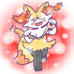 ambiguous_anthro ambiguous_gender anthro biped blush blush_stickers digitigrade dipstick_tail food front_view holding_object looking_at_viewer markings object_in_tail on_one_leg one_eye_closed open_mouth open_smile sharp_teeth shrimp_(food) simple_background smile snout solo standing tail tail_markings tape teeth textured_background wink winking_at_viewer annyui0611 nintendo pokemon braixen canid generation_6_pokemon mammal pokemon_(species) 1:1 2024 digital_drawing_(artwork) digital_media_(artwork) full-length_portrait hi_res japanese_description portrait translated_description