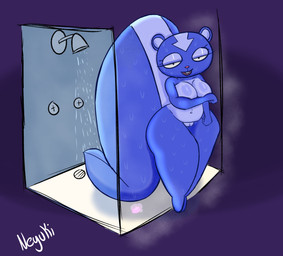 anthro arrow_(marking) arrow_marking bedroom_eyes big_breasts big_butt big_tail blue_body blue_fur breasts buckteeth butt covering covering_breasts eyelashes female fur genitals narrowed_eyes navel pink_nose purple_background seductive shower simple_background slightly_chubby slightly_chubby_anthro slightly_chubby_female soap solo steam tail teeth thick_thighs vulva wet wet_body wide_hips neyusleep happy_tree_friends petunia_(htf) mammal mephitid skunk absurd_res hi_res