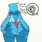 arm_feathers big_butt blue_body blue_feathers blue_hair butt butt_expansion clothing expansion exposed faceless_character faceless_male feathers female fluffy hair hyper male simple_background solo tail tail_feathers thick_thighs torn_clothing underwear car_man undertale undertale_(series) undertale_yellow martlet_(undertale_yellow) avian bird