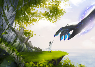 5_fingers anthro black_body black_fur breasts clothed clothing day detailed_background disembodied_hand dress duo female fingers fur grass outside plant rock sky solo_focus standing tail tree white_clothing white_dress deerstail arisu_starfall canid canine mammal 2021 character_request digital_media_(artwork)