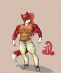 anthro biceps clothed clothing female fur hair looking_at_viewer muscular muscular_anthro muscular_female pecs simple_background solo standing d.angelo canid canine fox mammal signature