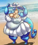 2_toes anthro beach belly big_breasts blue_body blue_eyes breasts clothed clothing dress eyelashes feathered_wings feathers feet female hat headgear headwear heart_symbol high-angle_view holding_clothing holding_hat holding_headgear holding_headwear holding_object looking_at_viewer overweight overweight_female ring sea seaside sky solo star summer summer_dress summer_hat tail thick_thighs toes water white_clothing white_dress wings z_dragon mythology nintendo pokemon dragon generation_6_pokemon goo_creature goodra mythological_creature mythological_scalie pokemon_(species) scalie hi_res