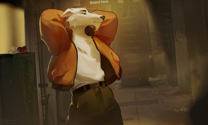 anthro belt biped bottomwear clothed clothed_anthro clothed_male clothing cosplay front_view fully_clothed fully_clothed_anthro fully_clothed_male fur jacket male pants solo standing topwear hackainax disco_elysium kim_kitsuragi canid canine canis domestic_dog mammal 2025 digital_drawing_(artwork) digital_media_(artwork) hi_res