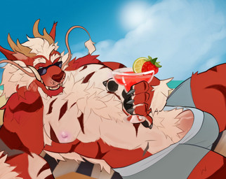 alcohol anthro beach beverage boxer_briefs chest_tuft clothed clothing cocktail eyewear genitals horn looking_at_viewer lying male muscular muscular_anthro muscular_male nipples on_back open_mouth open_smile outside penis pubes smile solo sunglasses sunny teeth tongue topless topless_anthro topless_male tuft tusks underwear wearing_sunglasses likanen mythology dragon mythological_creature mythological_scalie scalie 2023 hi_res
