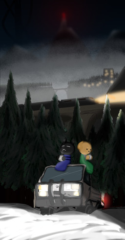 ambiguous_gender anthro duo fog forest kei_truck mountain outside plant radio_tower railway_track tree truck vehicle winter marunishkek easy_delivery_co. mk_(easy_delivery_co.) canid canine canis domestic_cat domestic_dog felid feline felis mammal absurd_res hi_res