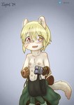 anthro blonde_hair blush breasts eyewear female glasses hair looking_at_viewer multi_nipple nipples simple_background small_breasts smile solo young liryal made_in_abyss riko_(made_in_abyss) domestic_ferret mammal mustelid musteline narehate true_musteline weasel absurd_res hi_res