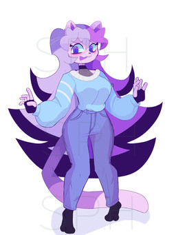 anthro blue_clothing blue_shirt blue_topwear bottomwear clothed clothing denim denim_bottomwear denim_clothing female fur hair jeans long_hair looking_at_viewer multicolored_hair open_mouth pants pink_body pink_fur purple_eyes purple_hair shirt simple_background smile solo tail topwear two_tone_hair s.p.h sashley ash_(sashley) felid feline mammal 3:4 absurd_res digital_media_(artwork) hi_res watermark