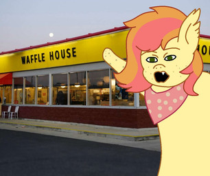 blonde_hair fangs freckled_arms freckled_face freckles fur green_eyes hair kerchief multicolored_hair open_mouth pink_hair pink_kerchief solo teeth two_tone_hair yellow_body yellow_ears yellow_fur trooper3 two_soyjaks_pointing waffle_house pancake_bat_(trooper3) equid equine horse mammal pony 2022