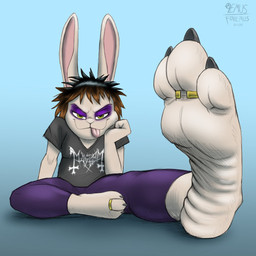 anthro black_clothing black_shirt black_topwear blep bottomwear brown_hair clothing digit_ring eyeshadow feet female foot_fetish foot_focus fur green_eyes hair highlights_(coloring) jewelry lightened_soles makeup pants print_clothing print_shirt print_t-shirt print_topwear purple_bottomwear purple_clothing purple_pants ring shirt soles solo t-shirt toe_ring toes tongue tongue_out topwear white_body white_fur wrinkled_feet wrinkles a9ymus mayhem_(band) stephanie_(a9ymus) lagomorph leporid mammal rabbit 1:1 2025 digital_media_(artwork) hi_res shaded
