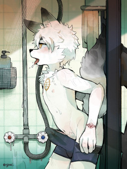 against_surface against_wall anal anal_penetration anthro barely_contained black_nose blush bodily_fluids bottle bulge cheek_tuft chest_tuft clothed clothing container detailed_background detailed_bulge dipstick_ears dipstick_tail drooling duo ear_markings erection erection_under_clothing faceless_character faceless_male facial_tuft fur genital_outline genitals glory_hole hair heart_pupils inside looking_pleasured male male/male male_penetrated male_penetrating male_penetrating_male markings multicolored_ears navel nipples open_mouth orange_eyes penetration penile penile_penetration penis penis_in_ass penis_outline pubes public_shower raised_tail saliva semi_public sex shota shower shower_sex shower_stall solo_focus standing standing_sex swimming_trunks swimming_trunks_down swimwear tail tail_markings tenting tile tile_wall tongue tongue_out towel towel_rack tuft wall_(structure) water wet wet_body wet_fur white_body white_fur white_hair young young_anthro yrac canid canine mammal 2022 absurd_res hi_res portrait three-quarter_portrait