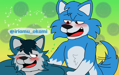 adult_on_adult anal anal_penetration anthro aroused balls barely_visible_balls barely_visible_genitalia barely_visible_penis black_hair black_nose blue_body blue_fur blush doggystyle duo dustin_wolfpaw excited excited_for_sex fangs fluffy fluffy_tail from_behind_position fur genitals hair happy looking_pleasured male male/male male_penetrated male_penetrating moan penetration penis sex submissive submissive_male tail tail_motion tailwag teeth younger_dom_older_sub iriamu_okami iriamu canid canine canis mammal wolf better_version_at_source hi_res