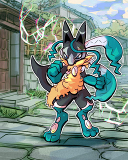 ambiguous_gender anthro black_body black_ears black_fur black_tail blue_body blue_eyes blue_fur door fighting_pose fur grass grey_body grey_fur metal outside plant pose solo standing stone_path tail tree yellow_body yellow_fur autobottesla nintendo pokemon pokemon_legends_z-a canid generation_9_pokemon mammal mega_evolution mega_lucario_z pokemon_(species) absurd_res hi_res
