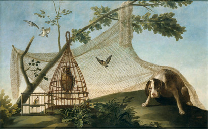 ambiguous_gender brown_body brown_fur cage detailed_background feral flying fur group leaf paws realistic snout francisco_goya avian bird canid canine canis domestic_dog mammal owl 1775 18th_century ancient_art formal_art hi_res oil_painting_(artwork) painting_(artwork) traditional_media_(artwork) traditional_painting_(artwork)