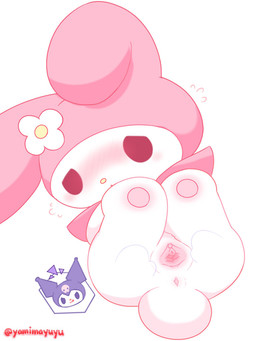 anthro anus chibi clitoris disembodied_hand duo female female/female flattered fur genitals hood kemono legs_up lying on_back pawpads solo_focus spread_vulva spreading vulva white_body white_fur nakimayo onegai_my_melody sanrio kuromi my_melody demon lagomorph leporid mammal rabbit 3:4