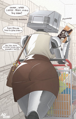 big_breasts biped bottomwear breasts brown_clothing butt clothing ellipsis female fingers for_a_head grey_body grocery_store heart_symbol holding_object machine question_mark screen screen_face shopping_cart shoulder_bag skirt solo sound_effects standing text walking wall_(structure) white_clothing white_text auveiss melissa_graceford_(auveiss) humanoid object_head robot screen_head 2026 artist_name english_text hi_res