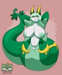 anthro apode areola big_breasts breasts female genitals green_areola green_body green_hair green_nipples hair hands_behind_head huge_breasts legless long_hair long_tail looking_at_viewer narrowed_eyes nipples nude pussy red_eyes serpentine solo tail wide_hips sudsypup nintendo pokemon draconcopode generation_5_pokemon pokemon_(species) serperior 2021 5:6 absurd_res digital_drawing_(artwork) digital_media_(artwork) hi_res