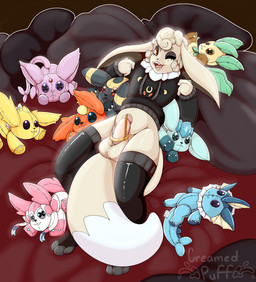 accessory anthro balls bed big_balls big_ears big_tail black_clothing black_legwear black_thigh_highs blush body_blush brown_eyes clothing cock_ring dipstick_tail erection eyeliner fur furniture genital_piercing genitals glistening glistening_balls glistening_body glistening_genitalia glistening_penis hair jewelry legwear looking_at_viewer lying makeup male markings navel on_back one_eye_closed open_mouth outline penis penis_accessory penis_blush penis_jewelry penis_piercing piercing pillow plushie solo sweatshirt tail tail_markings tan_balls tan_body tan_fur tan_penis text thigh_highs white_body white_fur white_hair white_outline wink x_eyes creamedpufff nintendo pokemon ambiguous_species eeveelution espeon flareon generation_1_pokemon generation_2_pokemon generation_4_pokemon generation_6_pokemon glaceon hybrid jolteon leafeon pokemon_(species) sylveon umbreon vaporeon 2022 english_text hi_res signature