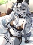 ahoge anthro bed bedding beret big_breasts bikini bikini_top black_bracelet black_collar blanket bracelet breasts button_ears chest_tuft claws cleavage clothed clothing collar collarbone crossed_legs cute_fangs dolphin_shorts eyewear fangs female fishnet_clothing fishnet_topwear floppy_ears footwear fur furniture furniture_lamp glasses grey_body grey_eyes grey_fur hair hands_on_hips hat headgear headwear jewelry kemono leaf legwear light looking_at_viewer multicolored_body multicolored_fur navel on_bed paws plaid plant plant_pot potted_plant round_glasses sitting sitting_on_bed smile smiling_at_viewer socks solo sparkles spiked_bracelet spiked_collar spikes stripes sunlight swimwear tail teeth thigh_highs thigh_socks topwear tuft two-piece_swimsuit two_tone_body two_tone_fur white_blanket white_body white_fur white_hair an_chobi94 miran_(prototrode) canid canine canis domestic_dog mammal absurd_res hi_res