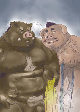 anthro belly brown_body brown_fur clothing duo flaccid fur genitals humanoid_hands male moobs nipples overweight overweight_male penis pink_body pink_fur simple_background tusks underwear tachiuo domestic_pig mammal suid suine sus_(pig) wild_boar 2015