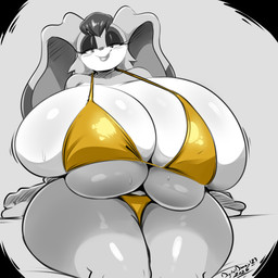 anthro big_breasts bikini bikini_bottom bikini_top breast_squish breasts clothing eyelashes female gold_bikini hair head_tuft huge_breasts long_ears narrowed pupils short_hair sitting solo squish swimwear text thick_thighs tuft two-piece_swimsuit wide_hips conditional_dnp digitaldomain123 golden_week sega sonic_the_hedgehog_(series) vanilla_the_rabbit lagomorph leporid mammal rabbit 1:1 2026 absurd_res artist_name greyscale hi_res monochrome signature