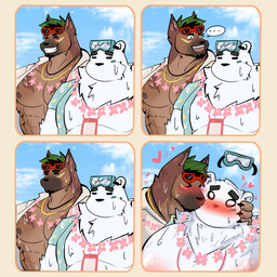 4_panel_comic ^_^ abs aloha_shirt anthro beach belly blue_clothing blue_shirt blue_sky blue_topwear blush brown_body brown_fur claws clothed clothing cloud day duo eyes_closed eyewear eyewear_on_head facial_hair finger_claws fur goatee goggles goggles_on_head gold_(metal) gold_jewelry gold_necklace green_eyes green_hair grin hair hand_on_head jewelry kissing male male/male muscular muscular_anthro muscular_male necklace obliques open_clothing open_shirt open_topwear outside overweight overweight_anthro overweight_male pattern_clothing pattern_shirt pattern_topwear pecs shirt sky smile sunglasses topwear white_body white_fur cchachathai xxl_woofia leis paul_the_polar_bear saeng bear canid canine canis dobermann domestic_dog mammal pinscher polar_bear ursine 1:1 comic hi_res meme