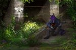 anthro clothed clothing day detailed_background fur grass male musical_instrument outside plant purple_body purple_fur sitting solo kuroi-kisin canid canine canis mammal wolf 2020 digital_media_(artwork)