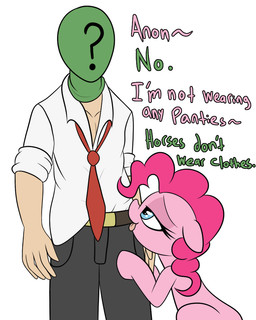 ?_face bedroom_eyes begging blue_eyes bottomwear clothed clothing dialogue duo female feral hair half-closed_eyes humor male narrowed_eyes necktie pants pink_hair seductive shirt simple_background smile text tongue tongue_out topwear white_background datte-before-dawn friendship_is_magic hasbro my_little_pony anon pinkie_pie_(mlp) earth_pony equid equine horse human mammal pony english_text