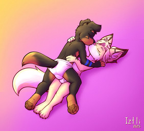 anthro briefs briefs_only bulge bulge_from_behind bulge_frottage clothed clothing duo eyes_closed holding_each_other inner_ear_fluff kissing lying male male/male pawpads tighty_whities topless tuft underwear underwear_only white_briefs white_clothing white_underwear iztli canid canine mammal 2025 hi_res