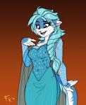 2015 alternate_species anthro blue_body blue_fur blue_hair chest_tuft clothed clothing conditional_dnp digital_media_(artwork) disney domestic_cat dress evening_gown felid feline felis female fluff-kevlar frozen_(movie) fur furrification gradient_background hair long_hair mammal markings multicolored_body multicolored_fur open_mouth orange_background purple_eyes queen_elsa_(frozen) simple_background solo tuft two_tone_body two_tone_fur vikna_(fluff-kevlar) white_body white_fur