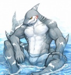 abs anthro athletic barazoku biceps big_muscles biped black_sclera bottomwear bulge clothed clothing fin gills grey_body grey_skin grin jaws looking_at_viewer male muscular muscular_anthro muscular_male pecs sharp_teeth shorts sitting smile solo spread_legs spreading swimwear tail teeth topless water white_body white_skin yellow_eyes rpbbw shark_(stardog) fish marine shark