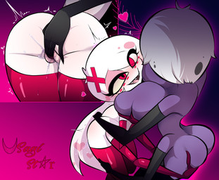 4_arms anthro anthro_on_anthro armwear big_breasts big_butt bodily_fluids breasts butt butt_grab clothed clothing crossgender duo eyelashes fangs female female/female fur genital_fluids genitals gloves hair hand_on_butt handwear heart_symbol humanoid_on_anthro interspecies legwear looking_pleasured masturbation multi_arm multi_limb nude open_mouth open_smile partially_clothed purple_body purple_skin romantic short_hair smile teeth thick_thighs tongue vaginal vaginal_fluids vaginal_masturbation vulva white_body white_fur white_hair usagi_star hazbin_hotel hellaverse angel_dust valentino_(hazbin_hotel) arachnid arthropod demon demon_humanoid humanoid insect lepidopteran moth spider