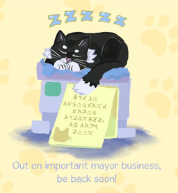 ambiguous_gender countershading eyes_closed feral pattern_background pawpads paws sign simple_background sleeping solo sound_effects text vowelless vowelless_sound_effect yellow_background zzz shanhorandraws little_kitty_big_city mayor_cat_(lkbc) domestic_cat felid feline felis mammal 2024 english_text hi_res japanese_text official_art shaded