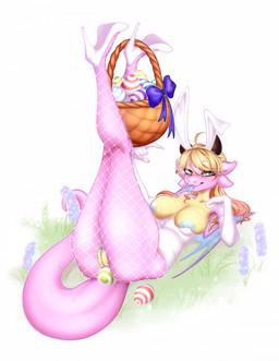 anthro blonde_hair bunny_costume clothing costume easter_egg egg fake_ears fake_rabbit_ears female fishnet_clothing fishnet_legwear genitals hair holidays legs_up legwear looking_at_viewer lying nipples on_back oviposition ovipositor_in_ass solo tail tongue tongue_out vulva wings shasya easter mythology lily_(lily960) dragon mythological_creature mythological_scalie scalie hi_res