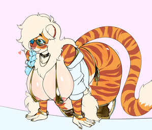 5_fingers anthro bent_over big_breasts bikini bracelet braided_hair breasts clothed clothing eyewear female fingers fur glasses hair hanging_breasts heart_symbol huge_breasts jewelry legwear long_hair markings orange_body orange_fur orange_tail skimpy solo stockings striped_body striped_fur striped_markings striped_tail stripes swimwear tail tail_markings thick_thighs thigh_highs two-piece_swimsuit white_body white_fur white_hair white_tail yellow_eyes chromefox golden_week buxbi_(character) felid mammal pantherine tiger hi_res