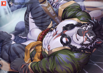 4_toes abs anthro arm_scar asian_clothing barazoku belt black_hair black_stripes bucket bulge chest_scar clothing container cuffs_(clothing) east_asian_clothing eye_scar eyebrows facial_hair facial_scar feet fundoshi fur green_clothing green_topwear grey_body grey_fur hair hot_spring japanese_clothing logo looking_at_viewer lying lying_on_ground male muscular muscular_anthro muscular_male neckwear nipples obliques on_back on_ground onsen open_mouth pecs practice_sword rock rope rope_belt scar shinai sideburns solo steam stripes swimming_pool text tile toes topwear underwear water white_body white_clothing white_eyebrows white_fundoshi white_fur white_underwear wood_bucket yellow_eyes estper patreon sdorica yao_(sdorica) felid mammal pantherine tiger 2023 absurd_res artist_logo hi_res url