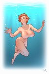 areola big_breasts blue_eyes breasts brown_hair bubble collarbone eyebrows eyelashes feet female glistening glistening_body glistening_breasts glistening_skin hair huge_breasts humanoid_pointy_ears nipples not_furry nude pointy_ears short_hair skinny_dipping solo thick_thighs underwater water ullr_(artist) elf humanoid 2025 2:3 hi_res