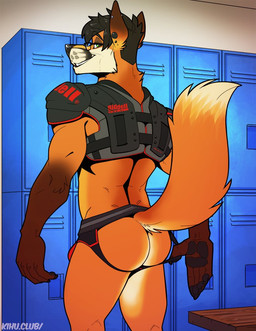 5_fingers anthro arm_tuft athletic black_hair black_nose brown_body brown_fur bulge butt clothing clothing_pull ear_piercing elbow_tuft eyewear fingers football_gear fur gauged_ear glasses green_eyes hair industrial_piercing jockstrap locker locker_room looking_at_viewer looking_back male multiple_piercings muscular muscular_anthro muscular_male orange_body orange_fur pawpads piercing rear_view smile solo sports_pads standing tuft underwear underwear_pull kihu canid canine fox mammal 2019 digital_media_(artwork) portrait three-quarter_portrait