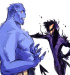 black_body blue_body blue_fur clothed clothing duo flirting fur hair hand_on_hip hand_on_wall male male/male muscular muscular_male nipples open_mouth pecs simple_background smile tail teeth tendrils topless maxspite marvel x-men beast_(marvel) nightcrawler human humanoid mammal mutant_(x-men) symbiote 2024 hi_res