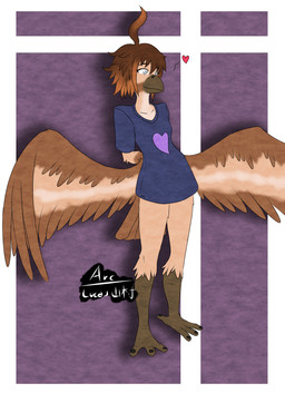 anthro arms_behind beak blind bottomless clothed clothing disability feet female shirt shirt_only simple_background solo talons toes topwear topwear_only wings arc_rose vanilla_(arcrose) avian digital_drawing_(artwork) digital_media_(artwork) hi_res