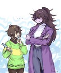 ambiguous_gender anthro belt brush clothing comb_(brush) duo female freckles hair hair_over_eyes hairbrush long_jacket ponytail purple_body sweater topwear friedri_ce deltarune undertale_(series) kris_(deltarune) susie_(deltarune) human humanoid mammal reptile scalie hi_res