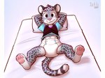 anthro biped clothed clothing diaper eyebrows fur looking_at_viewer male pawpads pillow pink_pawpads shirt solo tail topwear wearing_diaper young young_anthro young_male iztli geriel_(iztli) felid mammal pantherine snow_leopard 2024 hi_res