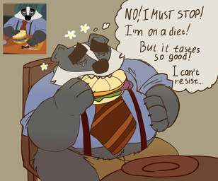 accessory anthro bodily_fluids bottomwear burger clothing eating eyes_closed food male necktie overweight overweight_male pants shirt solo suspenders tears text topwear bencomedion beastly_crimes beastly_crimes_(2024) chief_badger badger mammal mustelid musteline 2026 english_text hi_res
