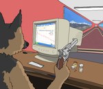 ambiguous_gender anthro brown_body brown_fur carpet computer_keyboard computer_monitor desk drugs fur furniture graph grey_body grey_fur gun handgun holding_gun holding_handgun holding_object holding_ranged_weapon holding_revolver holding_weapon inside looking_away painting_(object) pill_bottle pills ranged_weapon revolver screen solo stock_market table text weapon runchkin internet_explorer microsoft microsoft_windows windows_xp canid mammal english_text handwritten_text hi_res