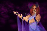 anthro black_sclera brown_hair clothed clothing countershading dress female gesture glitter hair hand_gesture horn neileen pawpads pointing pointing_at_another purple_clothing purple_dress solo veil ale-tie felid hybrid lion mammal pantherine 3:2 hi_res