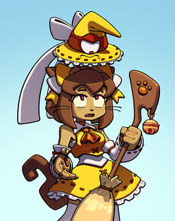 1_eye accessory anthro broom brown_body brown_fur brown_hair cleaning_tool clothing cute_fangs dress duo fangs female fur gradient_background hair hair_accessory hair_ribbon hand_pawpads holding_broom holding_cleaning_tool holding_object looking_up magical_girl_outfit male red_eyes ribbons simple_background teeth yellow_clothing yellow_dress discount-supervillain gameoverse glitch_productions kaboodle_(gameoverse) kit_bodega animate_inanimate domestic_cat felid feline felis living_clothing living_hat mammal 2026 hi_res