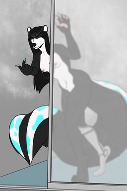 anthro beckoning black_body black_fur black_hair breasts claws ear_piercing female fur gesture hair inviting inviting_viewer long_hair looking_at_viewer nipple_piercing nipples nude piercing prosthetic prosthetic_leg prosthetic_limb seductive shower solo tail white_body white_fur beezlebumawoken conditional_dnp mammal mephitid skunk 2:3 digital_media_(artwork) hi_res