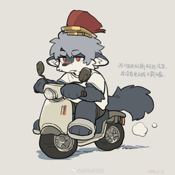 anthro armor black_bottomwear black_clothing bottomwear clothing footwear grey_hair hair headgear helmet male moped red_eyes scar shoes slippers solo topwear vehicle white_clothing white_topwear milkybot aquila_(imoyasu_muteki) canid canine canis mammal wolf hi_res