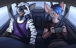 anthro car clothing duo gaming inside_car inside_vehicle male open_mouth playing_video_game sitting smile teeth vehicle cynicalstarr bat canid canine mammal 16:10 hi_res widescreen